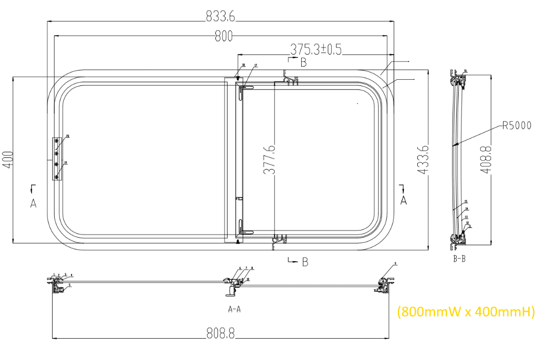 800x400mm van sliding window diagram